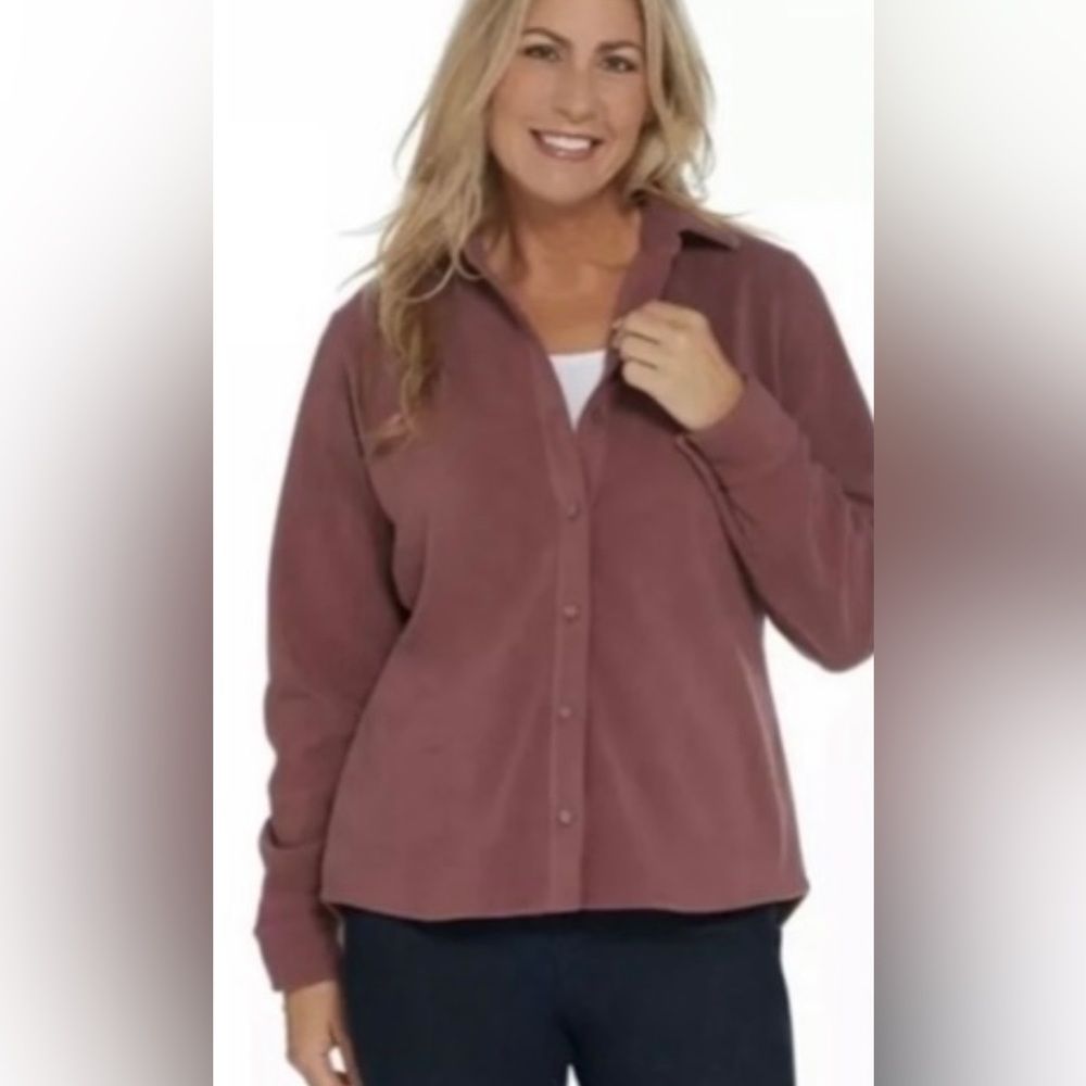NWOT Denim & Co Fleece Button Front Long-Sleeve Top 1X  A346285 ~ Ros…